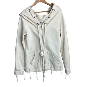 Lauren Moshi Jacket Womens Medium Ivory Hoodie Bull Dog Hoodie Zip Up Fringe